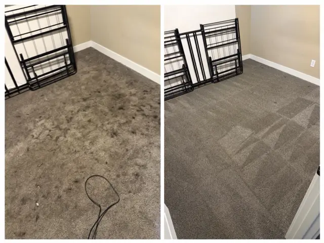 The same heavily stained bedroom carpet before cleaning (left) and after cleaning (right)