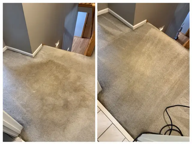 The same hallway carpet at the top of the stairs before cleaning (left) and after cleaning (right)