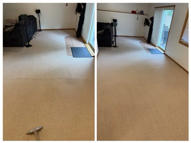 The same living room carpet before cleaning (left) and after cleaning (right)