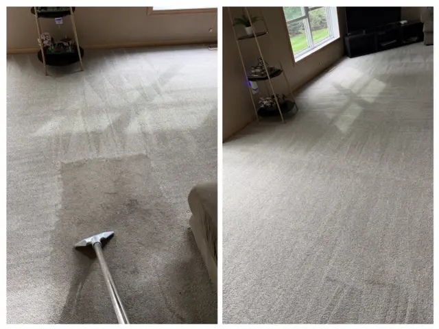 Carpet during hot water extraction with the cleaning wand (left) and the finished room (right)