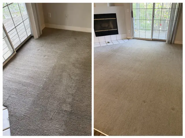 The same carpet beside a patio door before cleaning (left) and after cleaning (right)