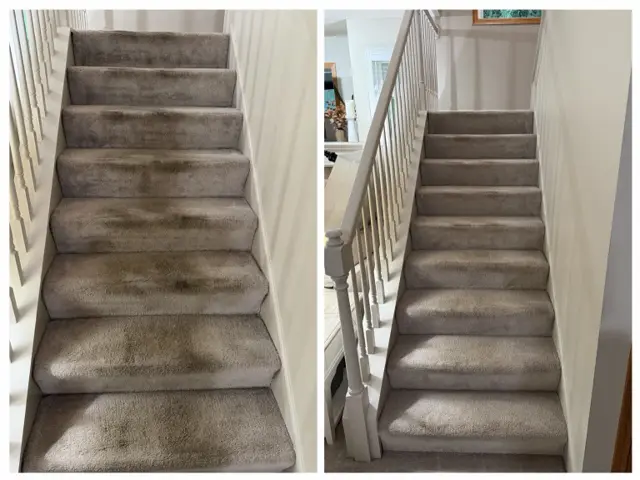 The same carpeted staircase before cleaning (left) and after cleaning (right)