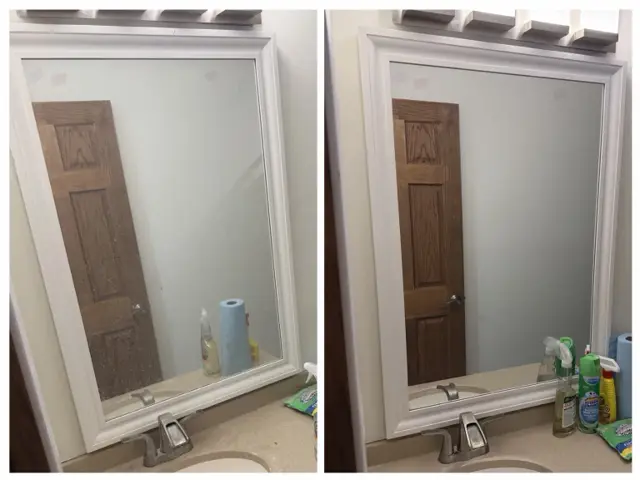 The same spotted bathroom mirror before cleaning (left) and after cleaning (right)