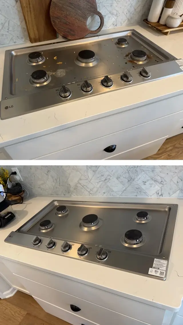 The same stainless steel gas stovetop before cleaning (top) and after cleaning (bottom)