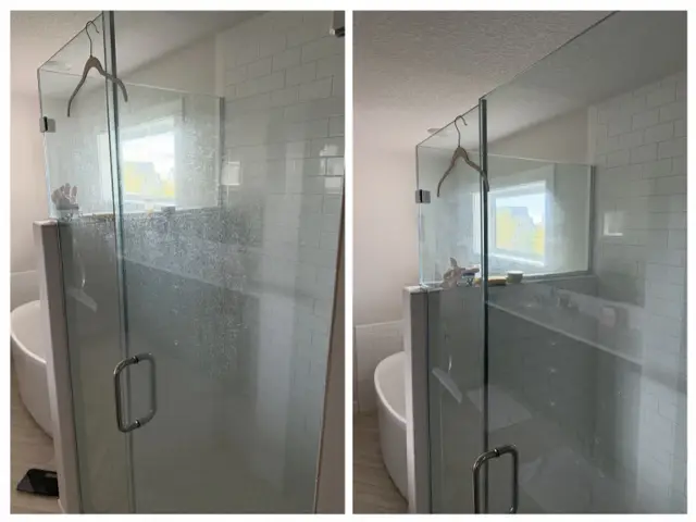 The same hazy glass shower enclosure before cleaning (left) and after cleaning (right)