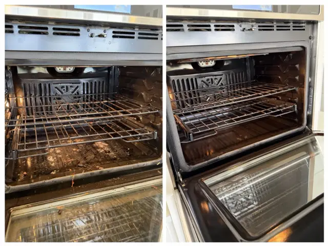 The same oven interior and racks before cleaning (left) and after cleaning (right)