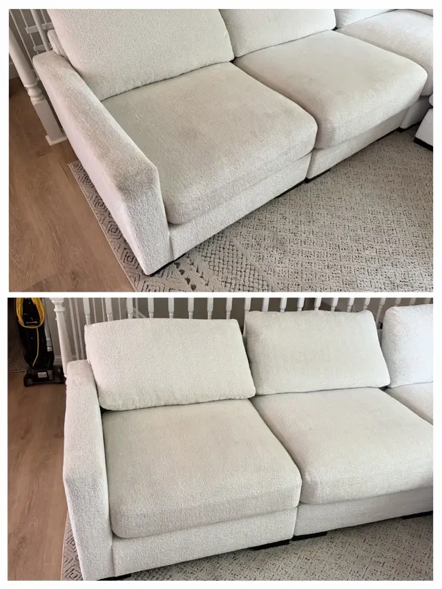 The same light fabric sectional sofa before cleaning (top) and after cleaning (bottom)