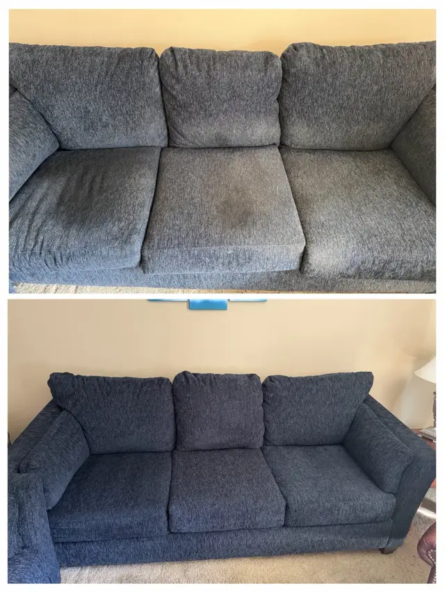 The same navy fabric sofa before cleaning (top) and after cleaning (bottom)