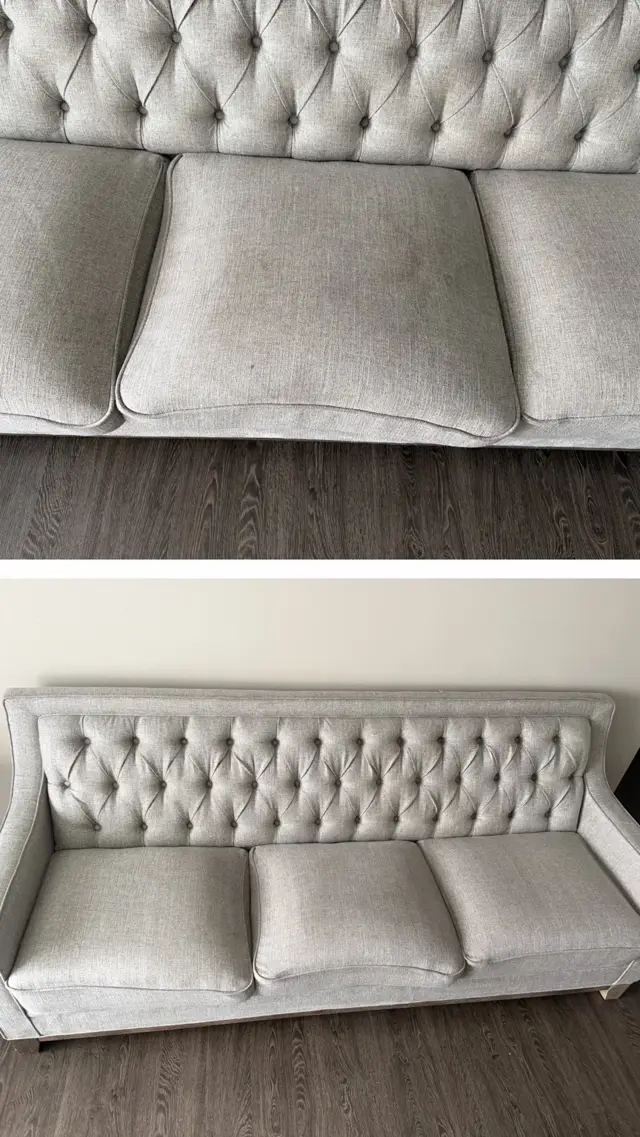 Tufted light gray sofa: seat cushion close-up (top) and the full sofa after cleaning (bottom), photographed from different angles