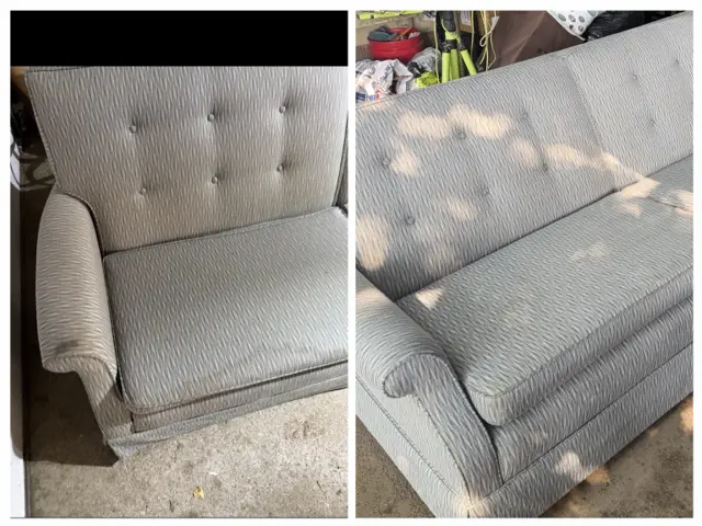 Patterned gray upholstery after cleaning, shown in two photos from different angles