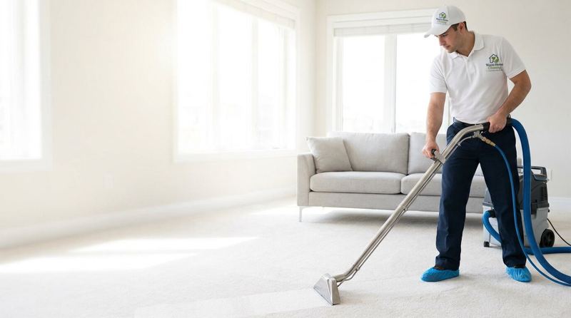 Illustration: a carpet cleaning technician in a Warm Home Cleaning uniform using a hot-water extraction wand on a light carpet