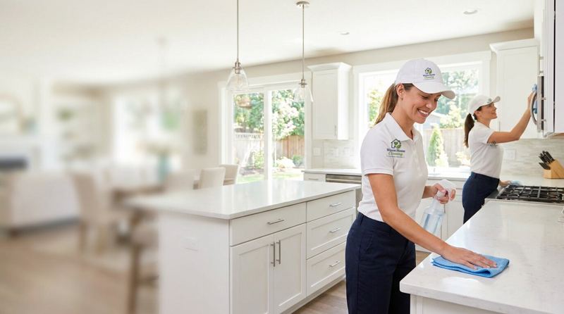 Illustration: two house cleaners in Warm Home Cleaning uniforms wiping countertops in a bright kitchen