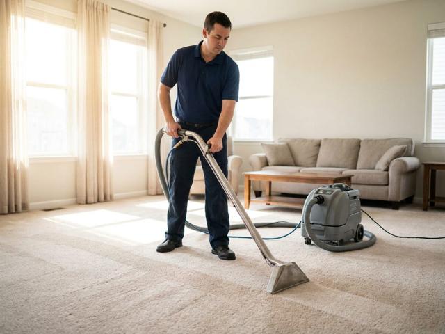Illustration of a carpet cleaning technician using a hot water extraction wand and portable extractor