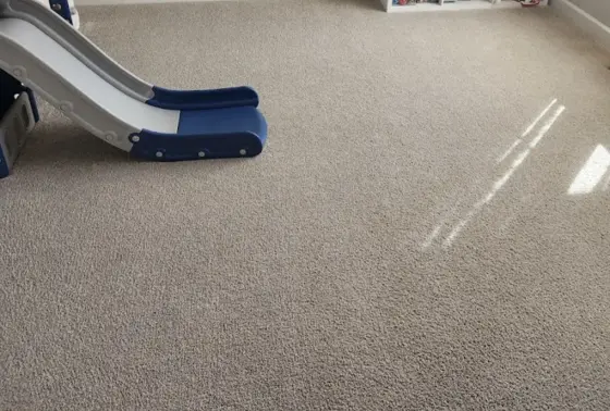 Clean beige carpet in Austin Blatti's children's playroom, with a toy slide in the corner