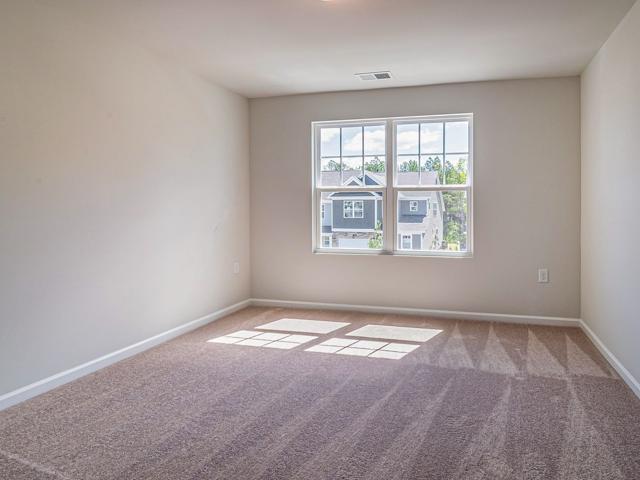 Sunlit empty room with clean carpet, ready for move-in